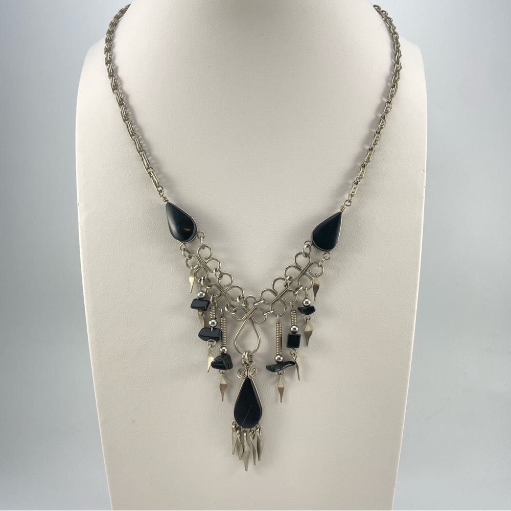 Vintage Alpaca Silver Wire And Black Onyx Statement Bib Necklace